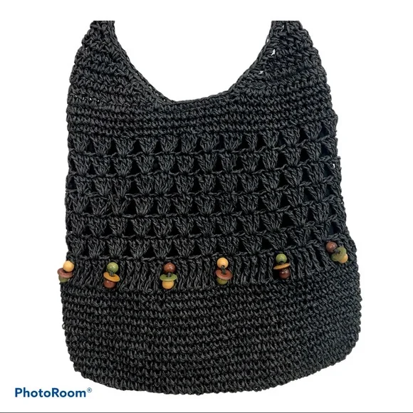 Black woven beaded boho shoulder/sling bag - Picture 2 of 6
